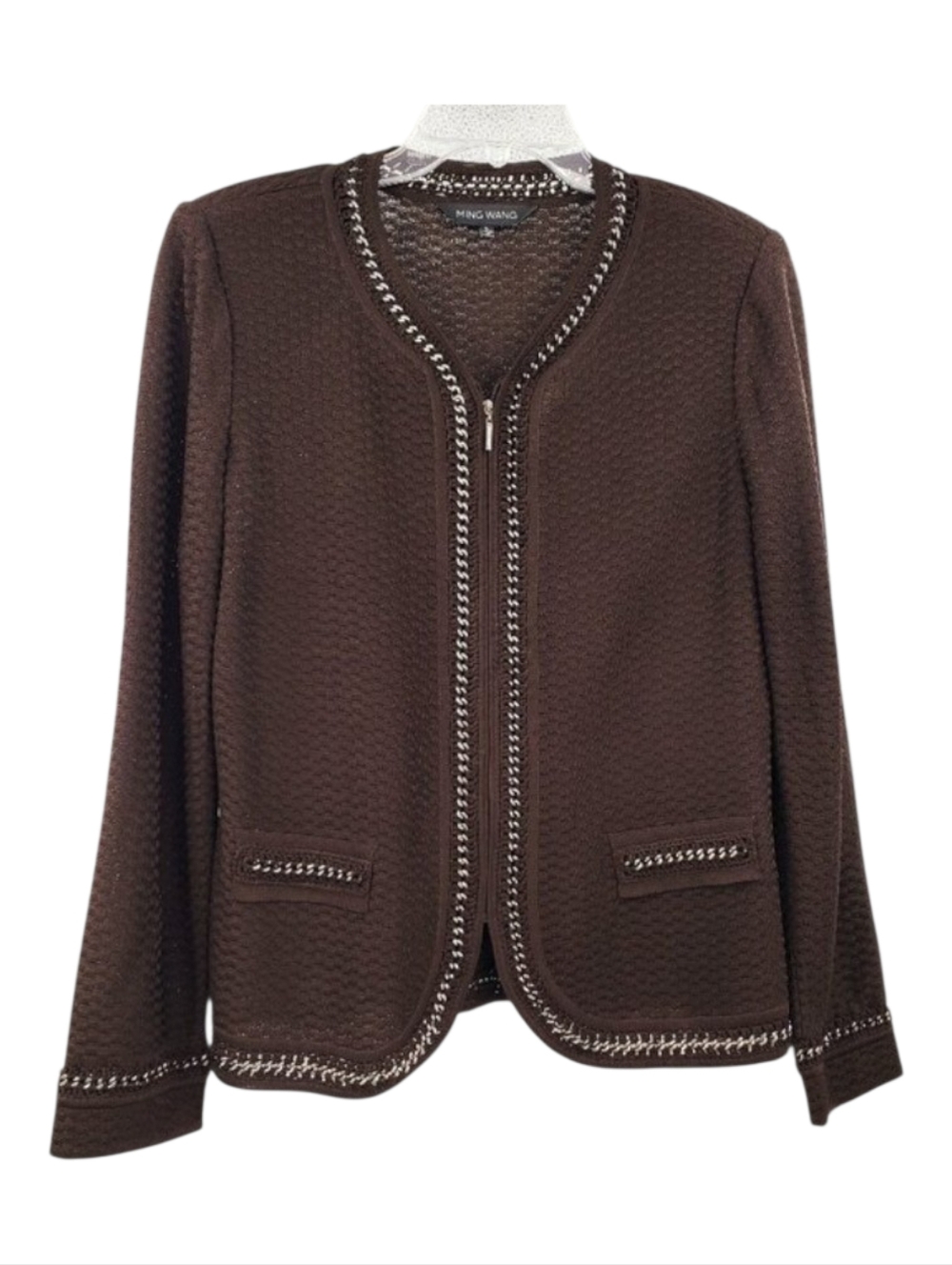 Ming Wang Jacket Women's L Brown Knit Zip Up SIlver Tone Chain Interwoven Trim